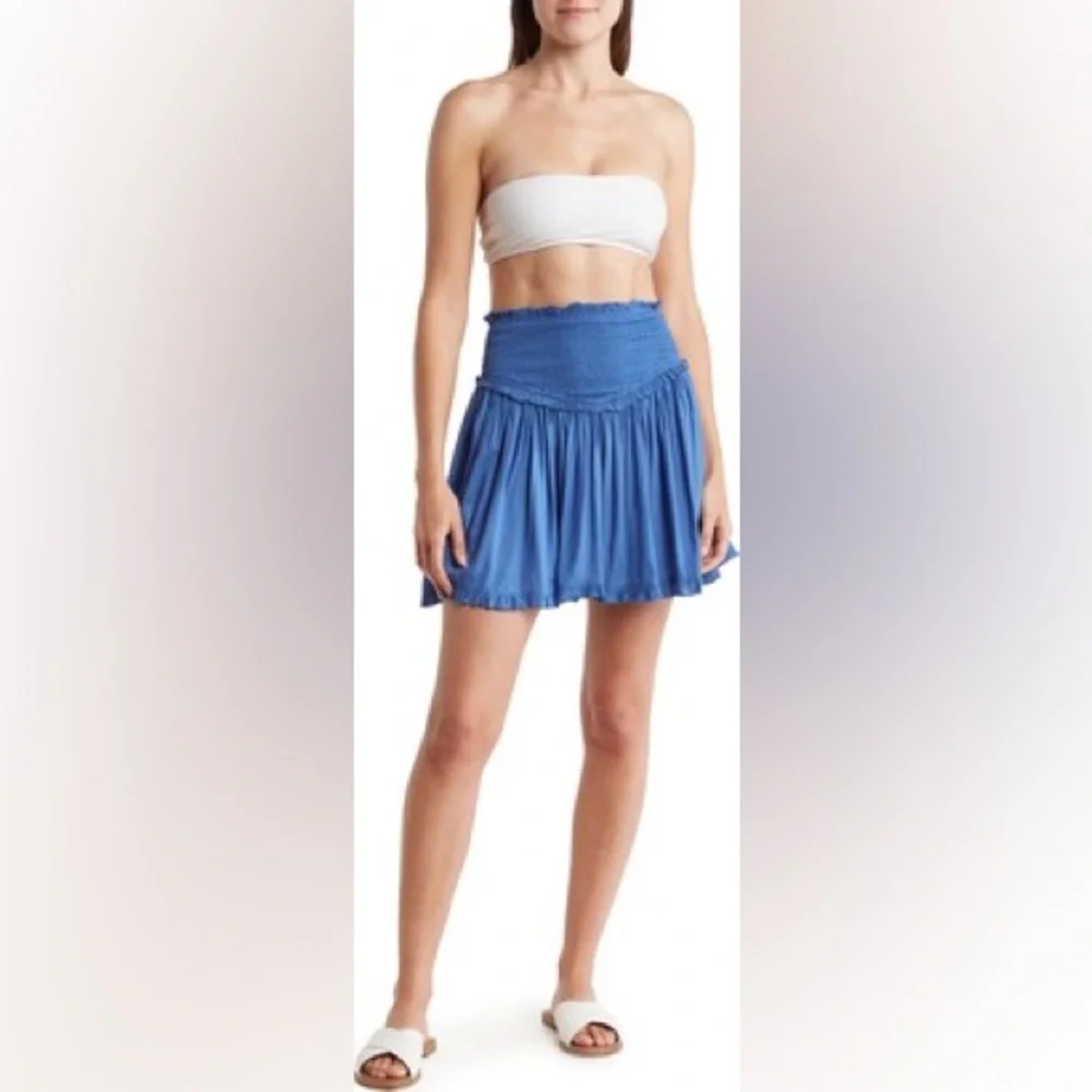Elan Smocked Ruffle Mini Skirt Blue Cover-Up Boho Flowy Small